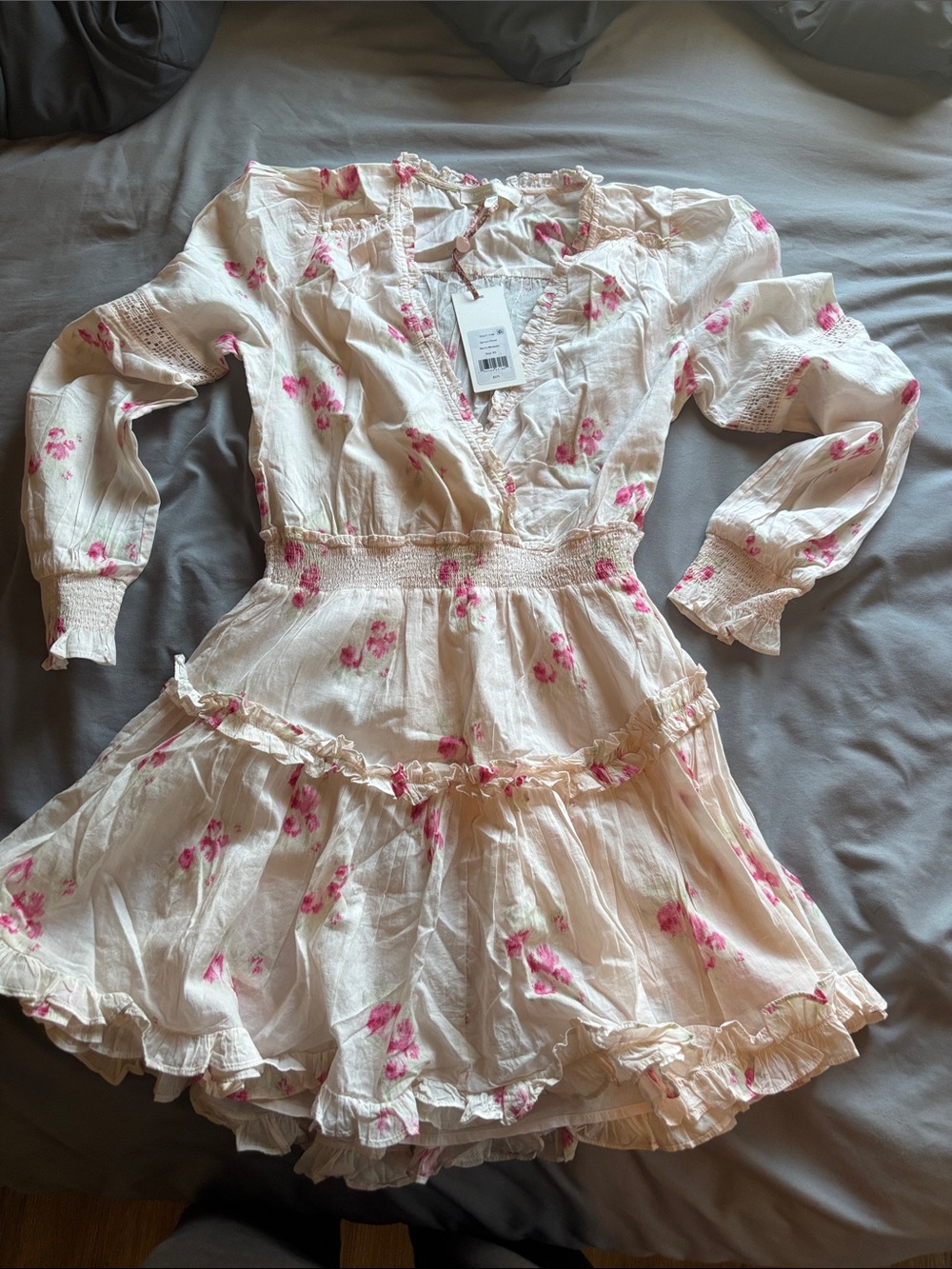 LoveShackFancy Cream Midi Dress with Pink Floral Print
